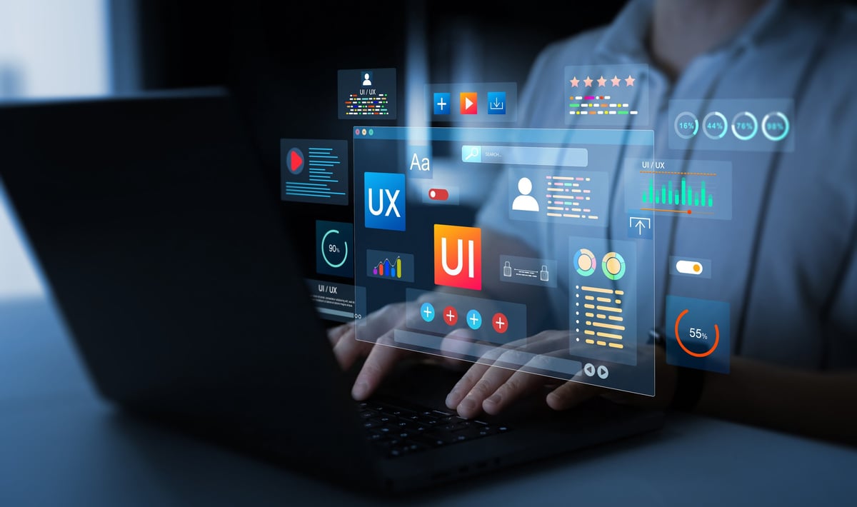 Creative holographic UI-UX design display with data visualization