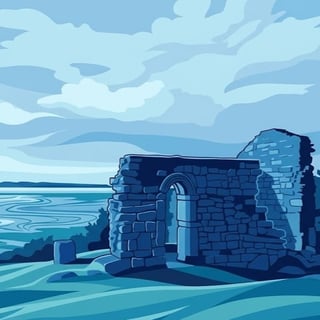 Ruins of an ancient stone structure on a coastal cliff overlooking the sea under a blue sky
